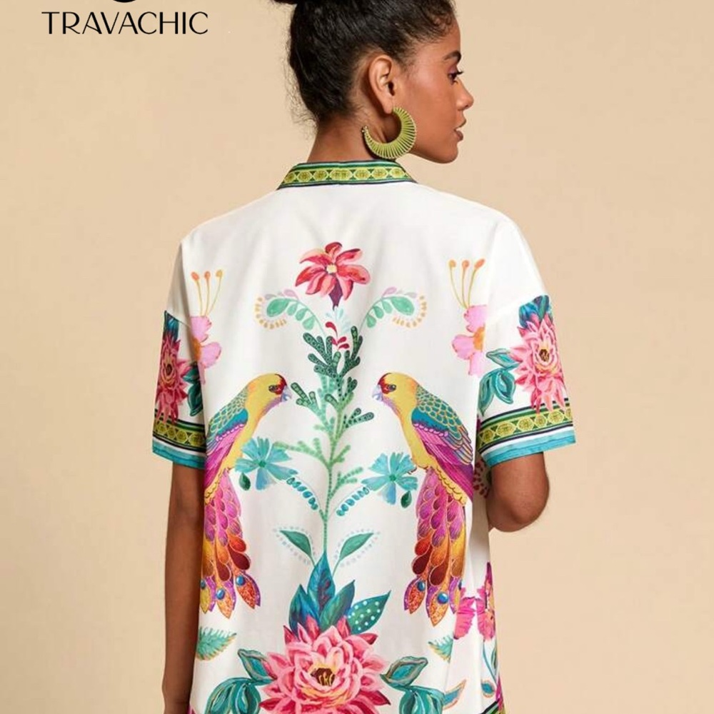 Women's Floral Print Set - Too and shorts - White and Green - Picture 4 of 4